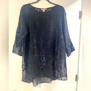 Calypso St Barth Sheer silk and velvet inlaid pattern top midnight blue M